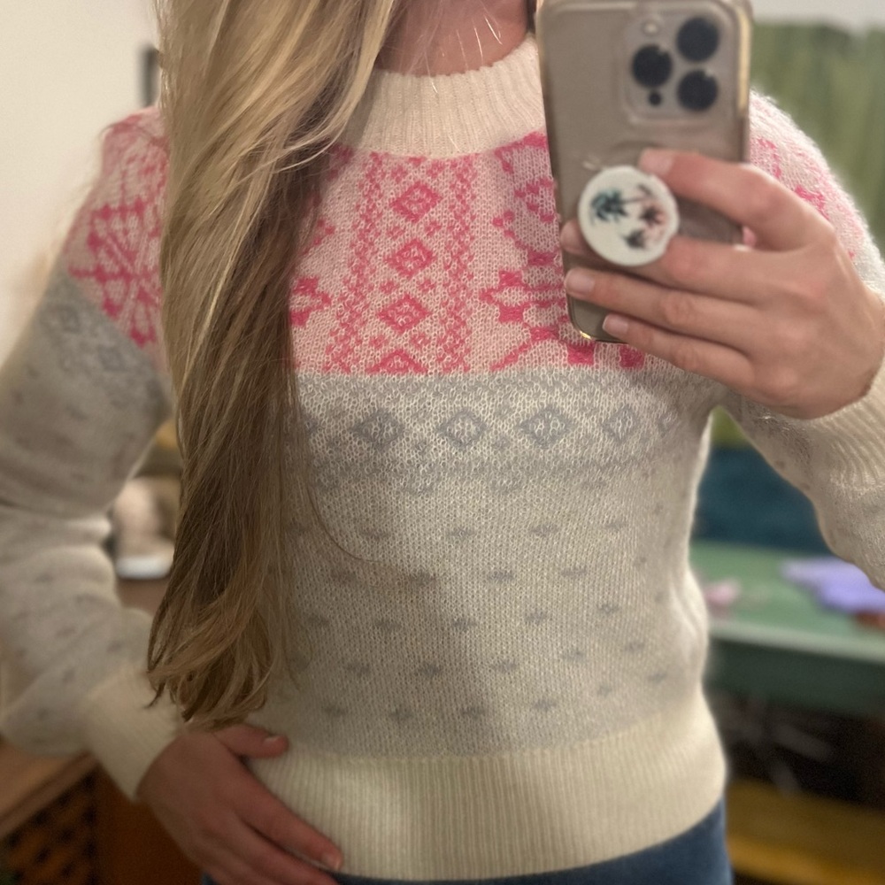 Tularosa Lana Fair Isle sweater in pink and cream with a cropped fit